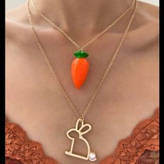 Bunny And Carrot Layered Necklace For Sale! This Necklace Is So Gorgeous! It Is New And Is From My Boutique! If Features An Adjustable Chain With A Bunny And A Carrot Charm On Two Layered Chains That Are Connected. The Chain Is About 20 Inches Long On The Longer Side. Such A Gorgeous Necklace To Add To Your Jewelry Collection! Rabbit Jewelry, Layered Chains, A Bunny, Gold Orange, Layered Necklace, Orange Gold, Gorgeous Necklaces, Monster High, Layered Necklaces