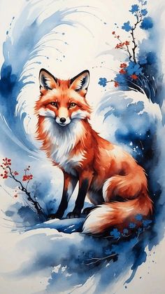 a painting of a fox sitting in the snow