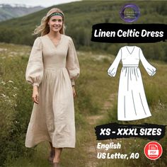 a woman in a dress and headband walking on a path with the text linen celtic dress xs - xxxl sizes english us letter, 40