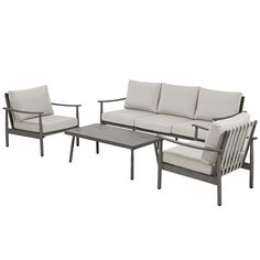 an outdoor sofa set with two chairs and a coffee table in front of white background