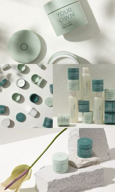 an assortment of skin care products displayed on a white surface with shadows from the ceiling