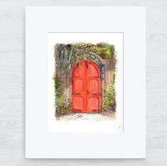 a watercolor painting of an orange door