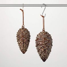 two brown earrings hanging from a metal rod