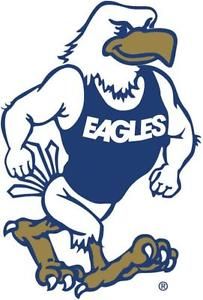 an eagle mascot running with the word eagles on it's chest and feet,