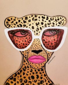 a drawing of a leopard with sunglasses on it's head and pink lipstick in the eyes