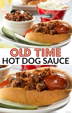 two pictures of hot dogs with chili on them