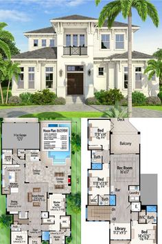 two story house plans with large front and back porches, palm trees and landscaping