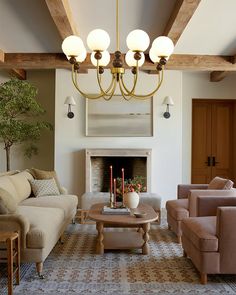 a living room with couches, chairs and a fire place in the fireplace area