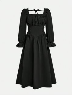 Teen Girl Gothic Style Long Sleeve Long Dress With Square Neckline Waist Cinched Black Casual  Long Sleeve Polyester Plain A Line Non-Stretch  Teen Girls Clothing, size features are:Bust: ,Length: ,Sleeve Length: 1800 Black Dress, Square Neckline Dress With Sleeves, Wednesday Dresses, Spring Dance Dresses, Long Sleeve Long Dress, Wednesday Dress, Square Neckline Dress, Dress With Square Neckline, Sleeve Long Dress