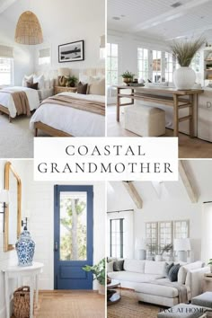 a collage of photos with the words coastal grandmother in white, blue and beige