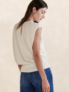 Silvi Drape-Back Tank | Banana Republic Fitted Knit Top For Layering, Elegant Fitted Textured Knit Top, Chic Fine Knit Top, Elegant Fine Knit Tops, Elegant Stretch Soft Knit Top, Chic Fine Knit Blouse For Layering, Stretch Textured Knit Tops For Layering, Fitted Textured Knit Top, Elegant Stretch Textured Knit Tops