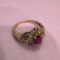 14k Gold Diamond Ring With Center 1k Ruby. Ring Is Size 8 1/2 Gold Ring Red Stone, Gold Rings With Ruby Stone, Ruby Wedding Ring Vintage, Ruby Gold Wedding Ring, Red Diamond Ring, Pretty Wedding Rings, Vintage Emerald Ring, Wood Elves, Ruby Wedding Rings