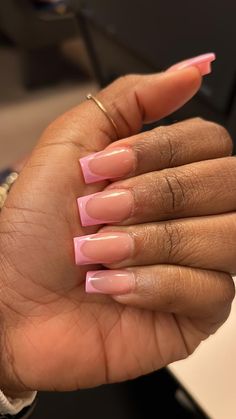 Pink French Nails Short Square, Cute Pink French Tip Nails Acrylic, Short Acrylic Nails White And Pink, Pink Acrylic Nails Coffin French Tip, Pink Nails Pink French Tip, Short Pink Tip Acrylic Nails, Simple Pink Acrylic Nails Square, Pink Short Nails French Tip, Short Nails With Pink Tips