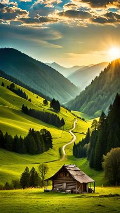 the sun shines brightly over a green mountain valley with a small cabin in the foreground