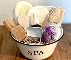 a white bucket filled with personal care items