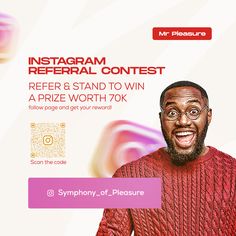 a man in a red sweater is smiling and holding his hands behind his back, with the words instagram refer contest on it