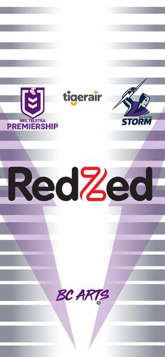 red2ed bc arts logo with purple and white lines in the background, as well as other logos