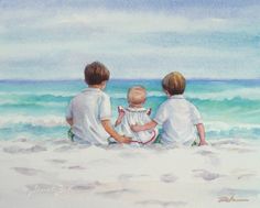 three children sitting on the beach looking out at the water and sand, with one child holding his dad's hand