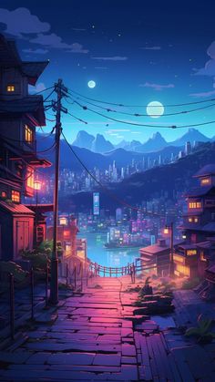 an anime city with mountains in the background at night, and a river running through it