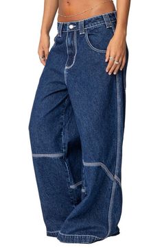 Find EDIKTED Low Rise Super Wide Leg Jeans on Editorialist. Contrasting topstitching frames these ultrawide-leg jeans made from sturdy nonstretch denim and topped with a trendy low-rise waist. Zip fly with button closure Five-pocket style 100% cotton Machine wash, dry flat Imported Super Wide Leg Jeans, Favorite Daughter, Blue Fits, Loungewear Shorts, Designer Clothes For Men, Modern Outfits, Autumn Fashion Women, Sweater And Shorts, Work Fashion