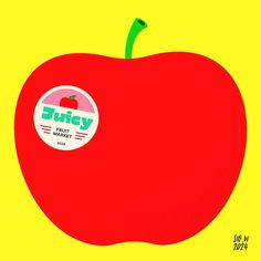 an apple with the word juicy on it's side, in front of a yellow background