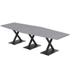 a rectangular table with two black legs and a grey top on an isolated white background