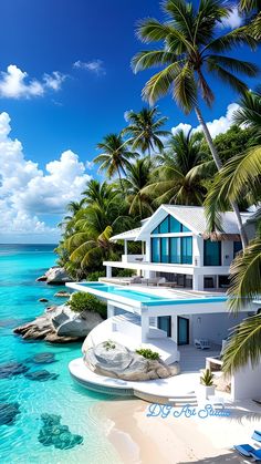 a house on the beach is surrounded by palm trees and clear blue water with white sand