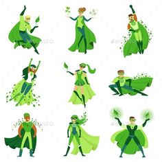 green superheros in various poses and costumes - people characters / character illustrations on separate layers