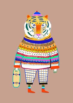 a drawing of a tiger wearing a sweater and holding a skateboard