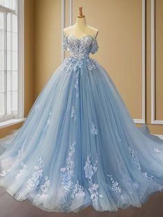 Ball-Gown Off-the-Shoulder Appliques Lace Sweep Train Tulle Dress Sky Blue Wedding Dress, Magnificent Dresses, Ballroom Extravaganza, Bridesmaid Dress Color Schemes, Sky Blue Wedding, Sky Blue Weddings, Fantastic Dress, Blue Wedding Dress, Prom Dress Pictures