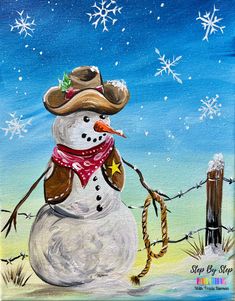 a painting of a snowman wearing a cowboy hat and scarf