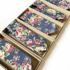 A set of blue and pink men’s floral ties for a wedding, all boxed up. #weddingties #floralties #mensties #mensfloralties #roseprintties #rosewedding #englishrosewedding Pink Men, Orange Roses, Pocket Squares, Mixing Fabrics, Rose Wedding