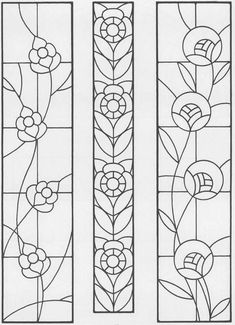 three stained glass panels with flowers and leaves on them, all in black and white