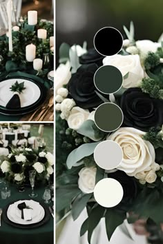 the table is set with black and white flowers, greenery, candles and plates