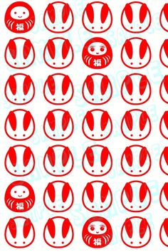 red and white stickers with different designs on them