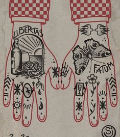 two red and white gloves with designs on them, one has the words benka's tattoo written on it