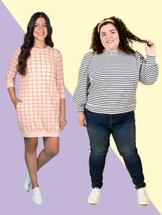 two women standing next to each other in different outfits