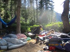 a group of people camping in the woods with hammocks and sleeping bags on the ground