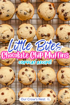 chocolate chip muffins on a cooling rack with the title, little bites chocolate chip muffins copycat recipe