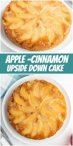 an apple cinnamon upside down cake on a white plate with the words, how to make this