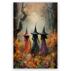 three witches walking in the woods with their hats on