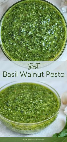 basil walnut pest in a glass bowl with the words best basil walnut pest on it