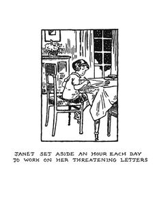 a drawing of a woman sitting at a table in front of a window with the words,