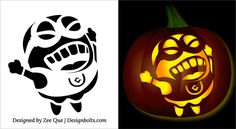 a pumpkin with an angry face carved into it's side and the other side is black and white