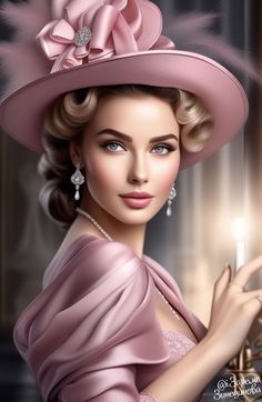 a painting of a woman in a pink dress and hat holding a candle with her right hand