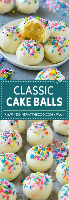 white cake balls with sprinkles on top and the title above it reads classic cake balls