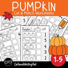 pumpkin cut and match worksheets for kids to practice numbers 1 - 5, including one