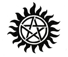 a black and white drawing of a pentagramil in the center of a sun