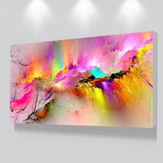 an abstract painting hanging on the wall in a room with white walls and flooring