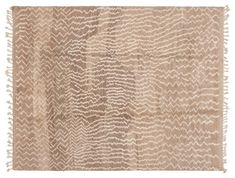 a beige rug with fringes on the top and bottom, in different shades of brown